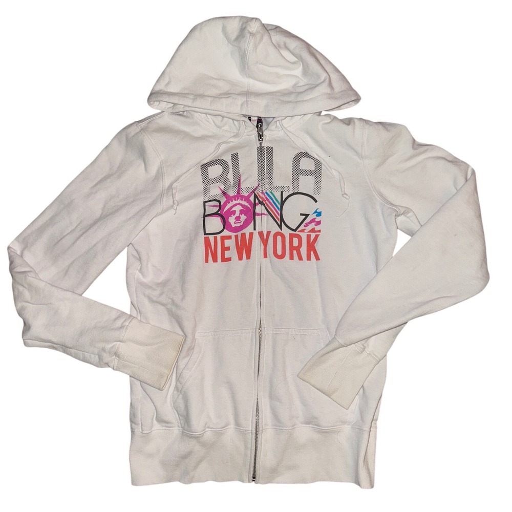 Billabong New York Zip Up Hoodie White Graphic Sweatshirt Statue of Liberty XL